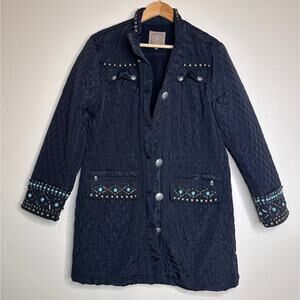 Double D Ranch Black Quilted Jacket Turquoise and Bronze Details LARGE